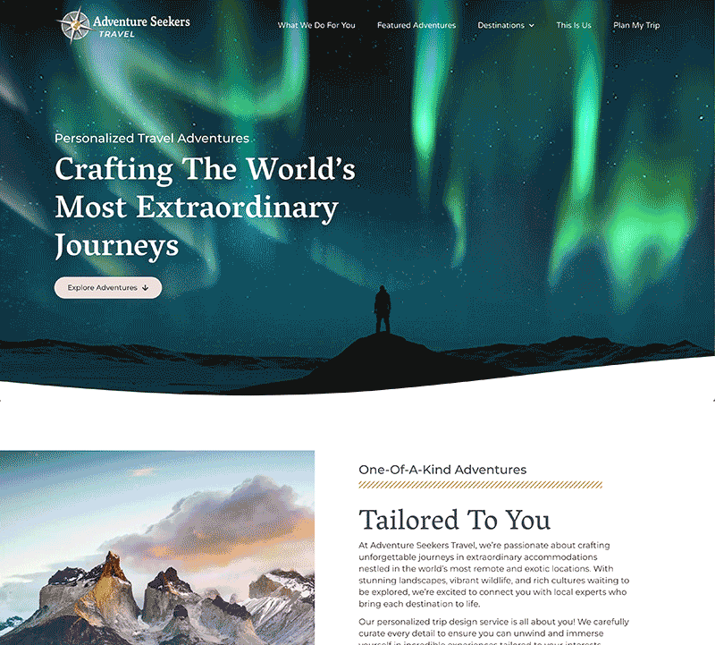 Adventure Seekers Travel home page layout
